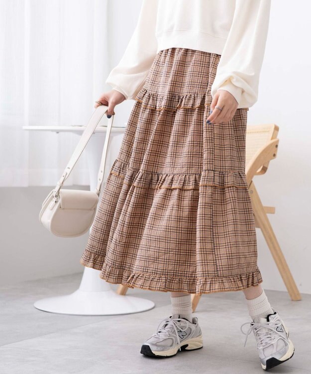 WEGO 【ウエストゴム】フリルティアードボリュームスカート オレンジチェック1