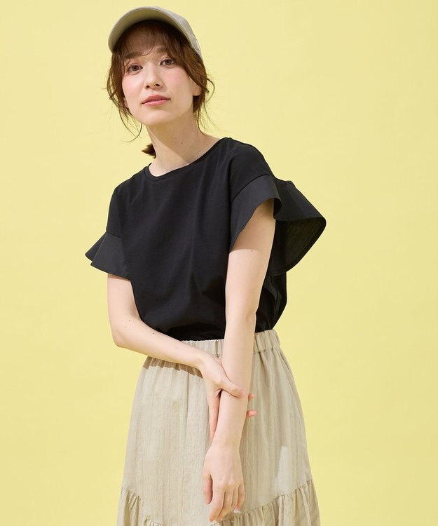 ANY 異素材コンビフリルスリーブプルオーバー ブラック