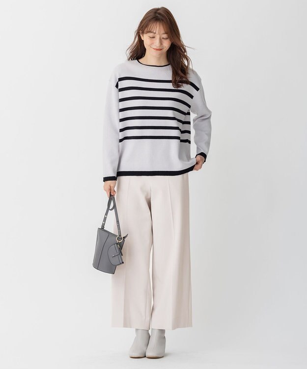 自由区 L 【洗える】コットンカシミヤ ボーダーニット ライトグレー系1