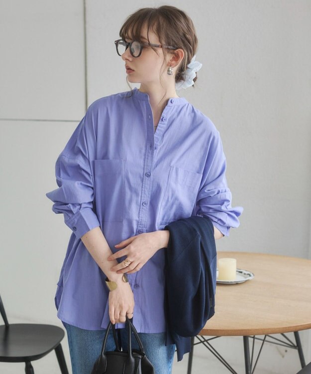 WEGO 着丈が選べる オーバーサイズ バンドカラー シャツ / ストライプ / 無地 ライトパープル