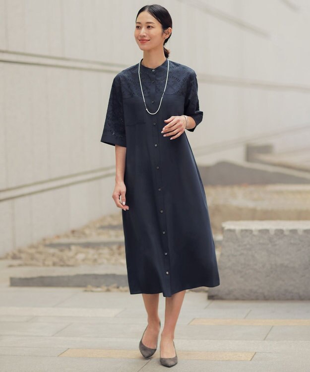 J.PRESS LADIES L 【WEB限定カラーあり】エンブロイダリー シャツ ワンピース ネイビー系