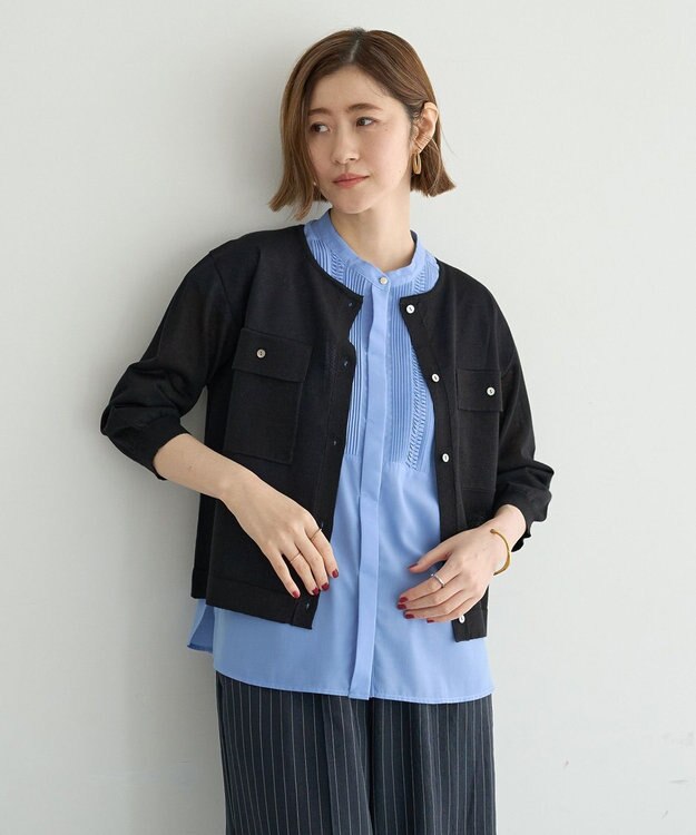 YECCA VECCA ノーカラー7分袖ポケットカーディガン Light Gray