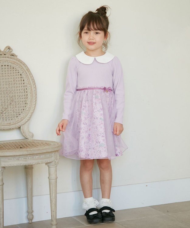 ANY KIDS 花柄ドッキングチュールワンピース ラベンダー系