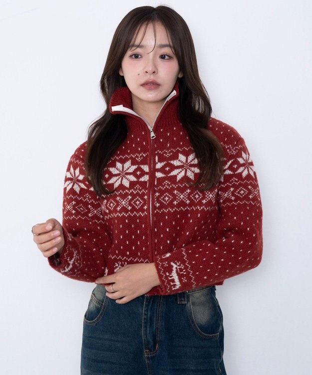 WEGO ユキガラダブルジップカーデ レッド