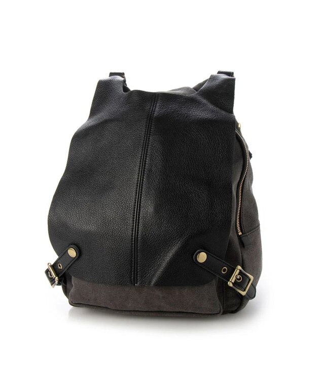 UNBILLION perche / 牛革かぶせキャンバスリュックサック ブラック