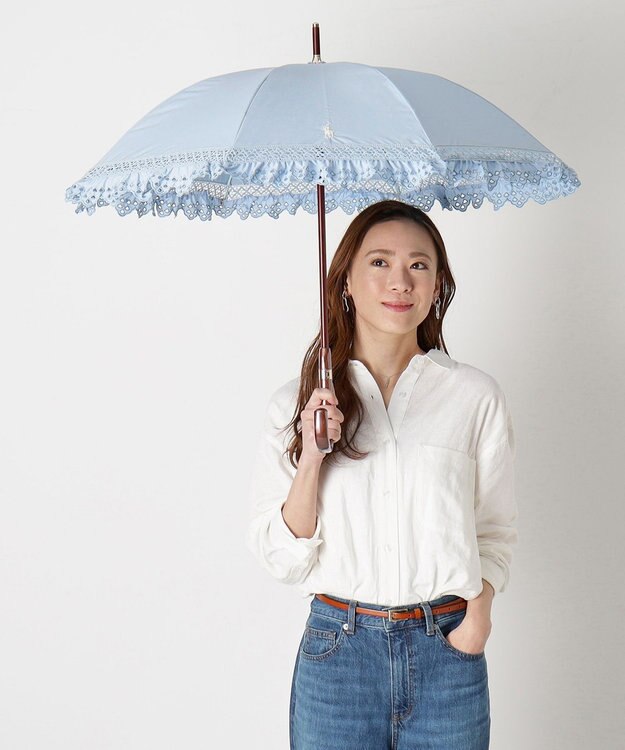 MOONBAT 【遮光/晴雨兼用日傘】POLO RALPH LAUREN(ポロ ラルフローレン) エンブフリル 長傘 遮熱 UV スカイブルー