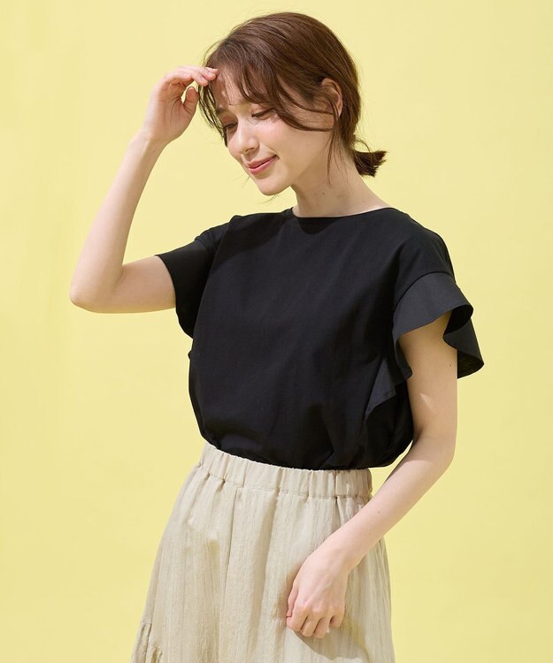 ANY 異素材コンビフリルスリーブプルオーバー ブラック