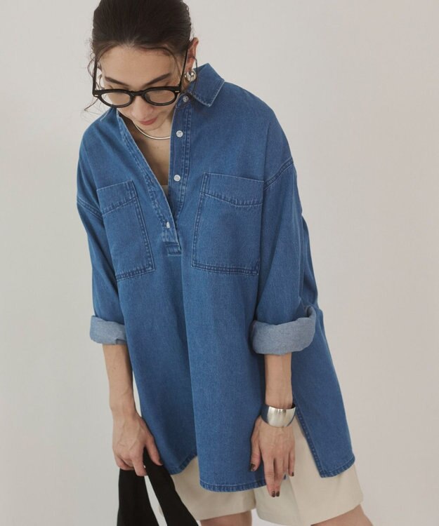 WEGO 【ANGIE VINTAGE】襟が選べる デニム チュニック シャツ （バンドカラー/レギュラーカラー） ブルーその他