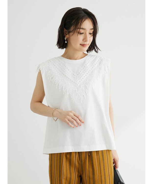 Green Parks ・ＳＵＧＡＲ　ＳＰＯＯＮ　フリンジフレンチＴシャツ Off White