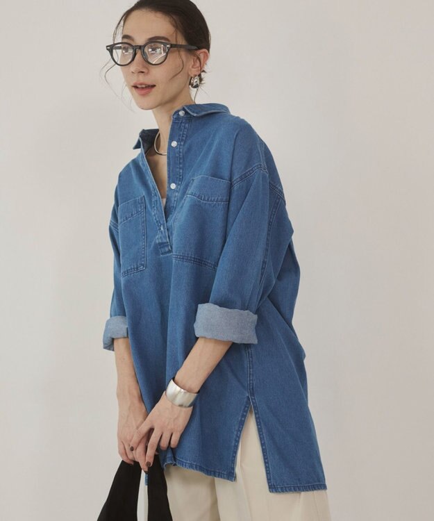 WEGO 【ANGIE VINTAGE】襟が選べる デニム チュニック シャツ （バンドカラー/レギュラーカラー） ブルーその他