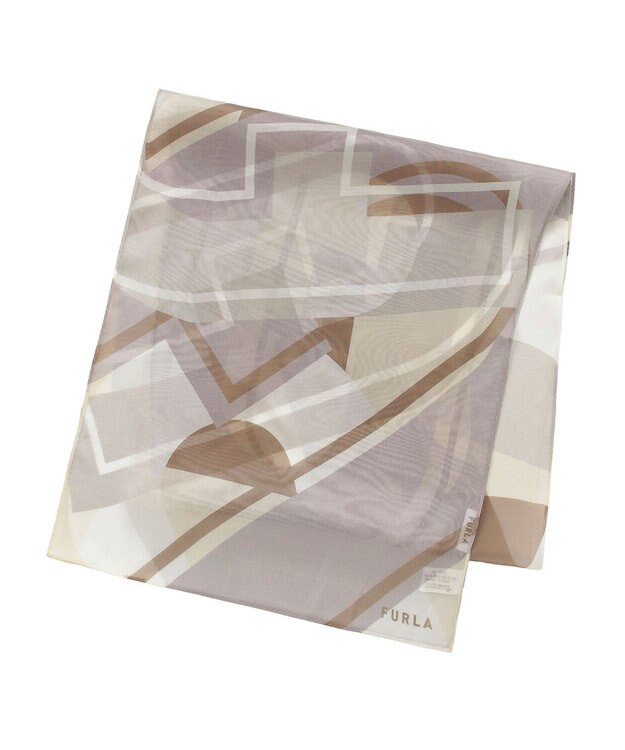 MOONBAT 【シルク100%】FURLA (フルラ) アーチロゴ 幾何学柄 シルクシフォンプリントスカーフ 150cm×35cm 手洗い可能 ベージュ