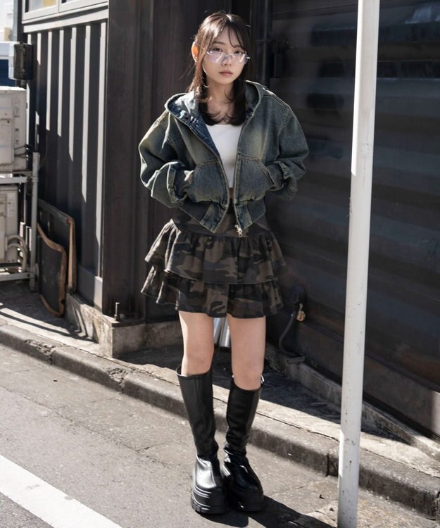 WEGO デニムショートフードブルゾン デニム中濃加工色