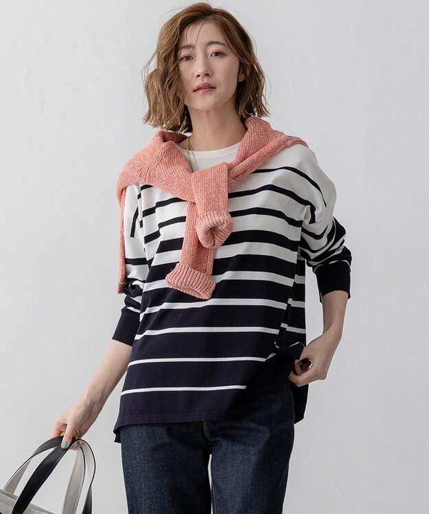 23区 【洗える】プレミアムビオコットン ボーダー ワイド ニット オフ×ネイビー