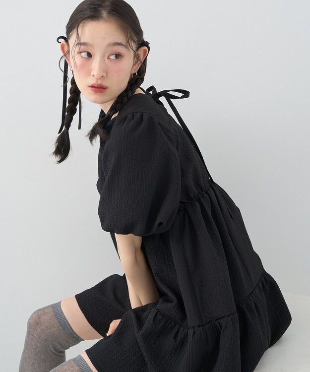earth music&ecology バックリボンパフスリーブミニワンピース Black
