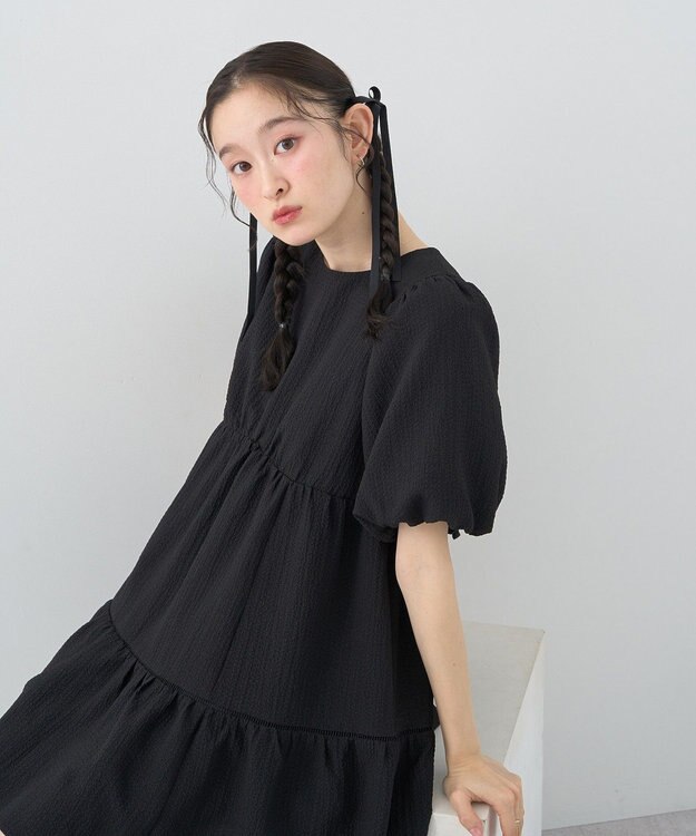 earth music&ecology バックリボンパフスリーブミニワンピース Black