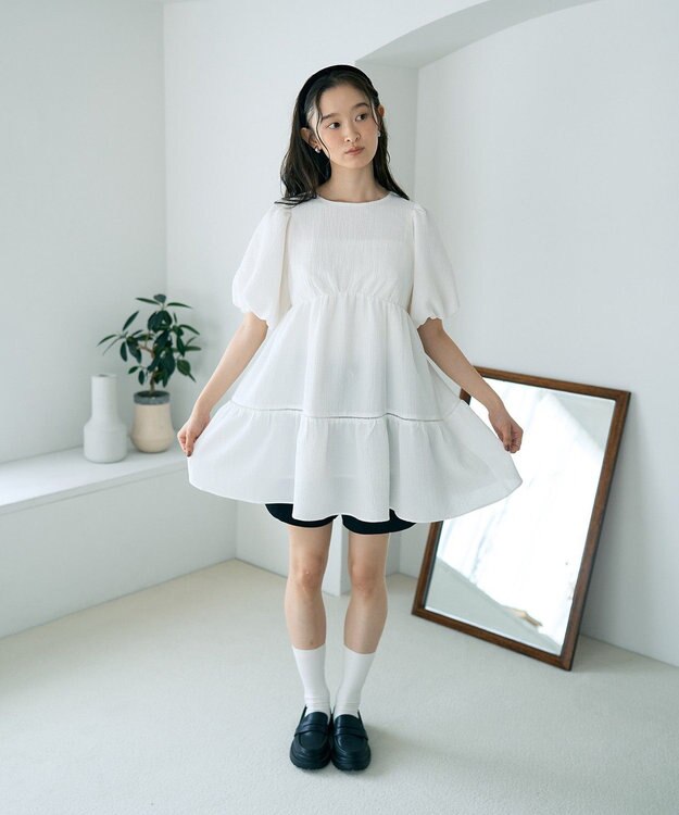 earth music&ecology バックリボンパフスリーブミニワンピース Ivory