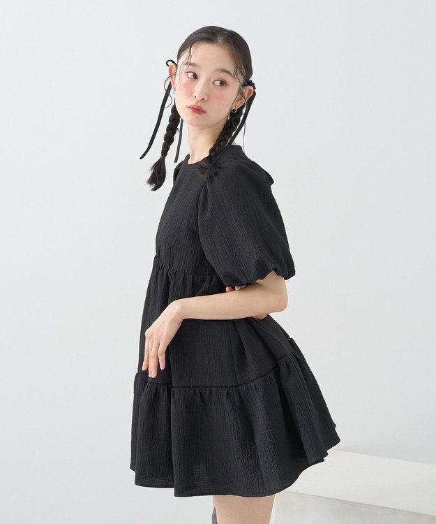 earth music&ecology バックリボンパフスリーブミニワンピース Black