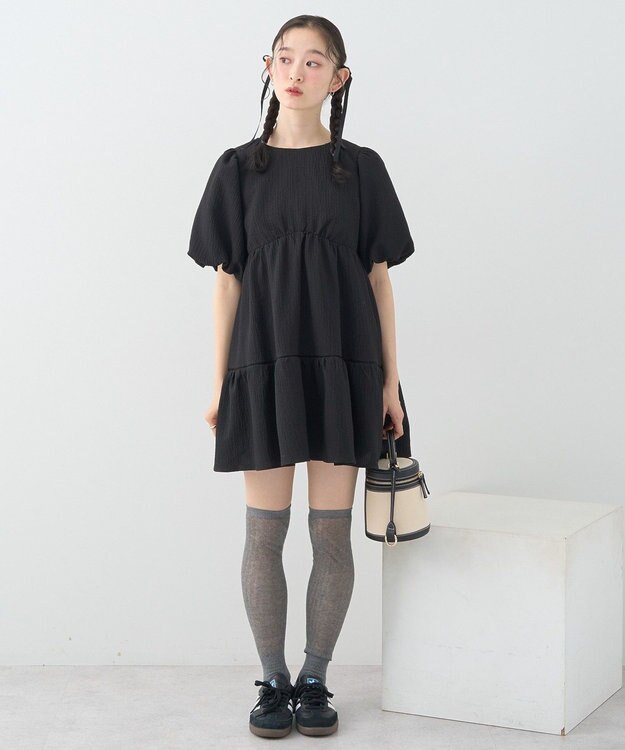 earth music&ecology バックリボンパフスリーブミニワンピース Black