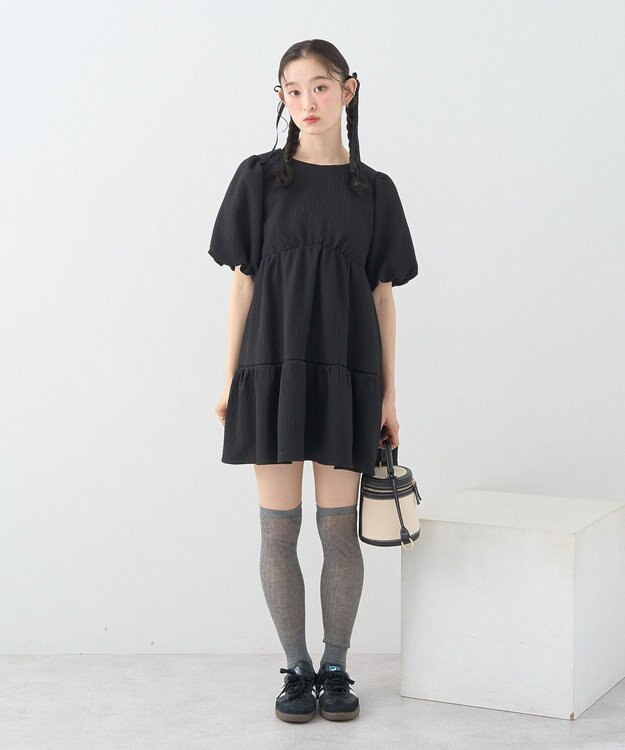 earth music&ecology バックリボンパフスリーブミニワンピース Black