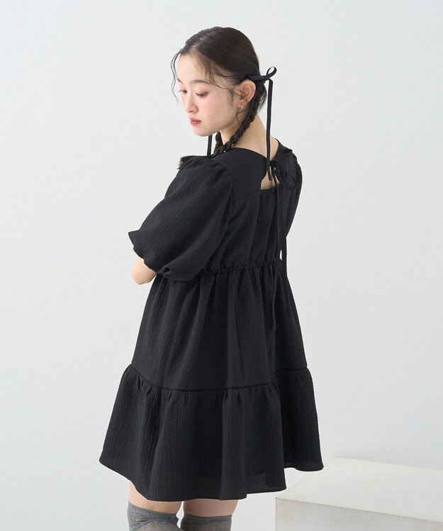 earth music&ecology バックリボンパフスリーブミニワンピース Black