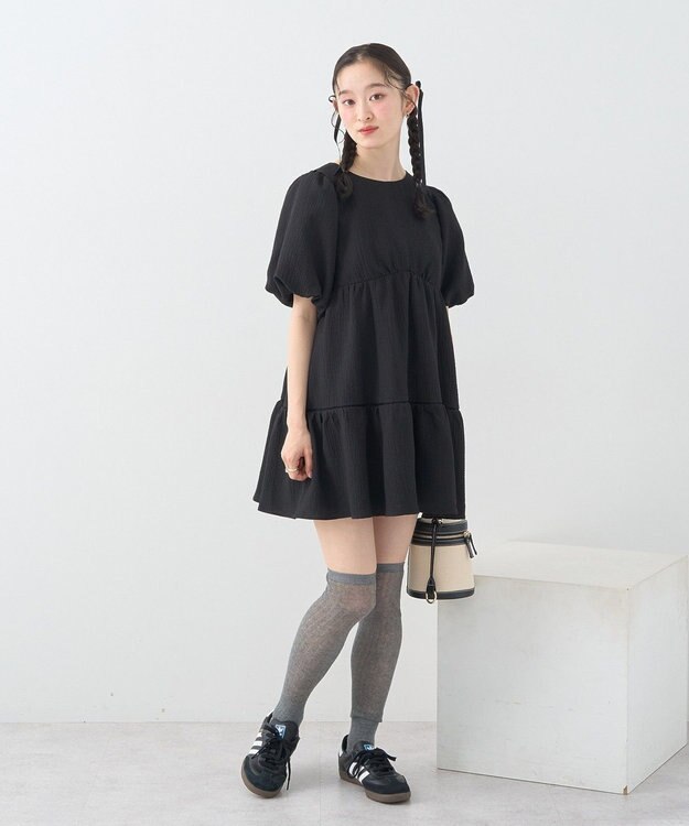 earth music&ecology バックリボンパフスリーブミニワンピース Black