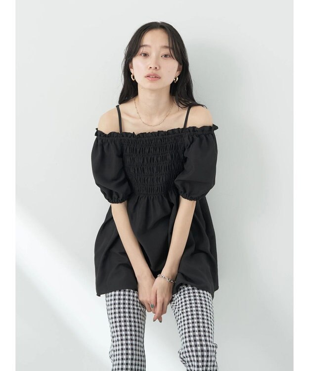 earth music&ecology ２ｗａｙショルダーシャーリングチュニック Black