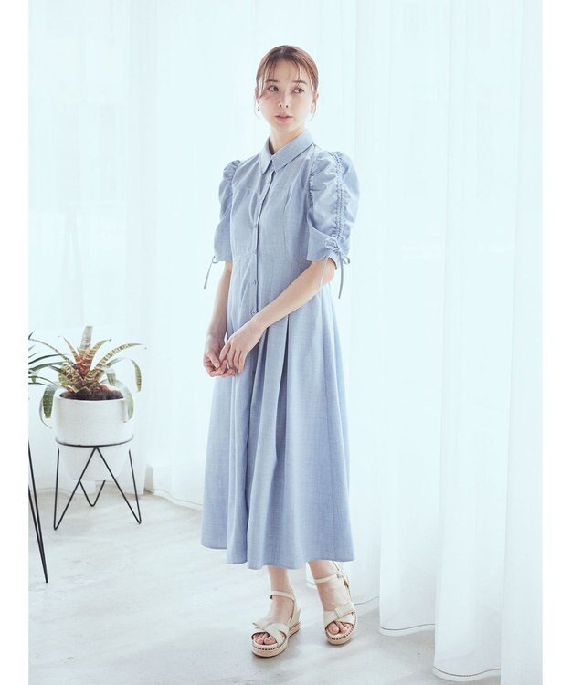 earth music&ecology 袖ドロストシャツワンピース Blue