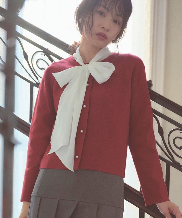 Feroux 胸元刺繍パールニット カーディガン レッド系