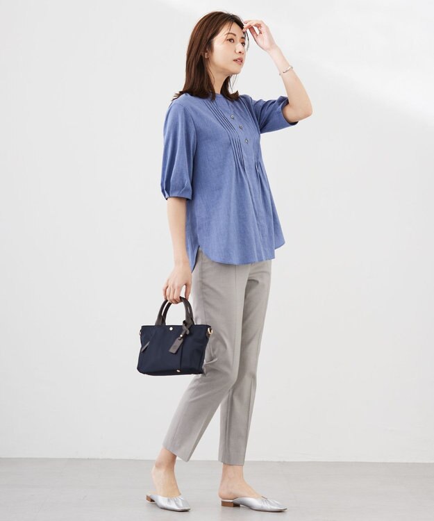 J.PRESS LADIES 【洗える】ラミーポプリン 前開き ブラウス ブルーシャンブレー系