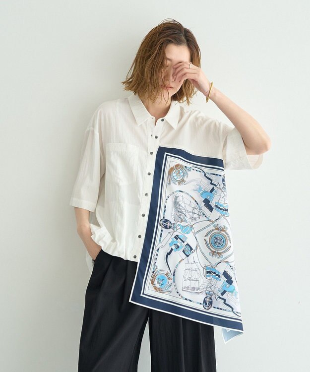 YECCA VECCA スカーフデザインアシメハーフスリーブシャツ White
