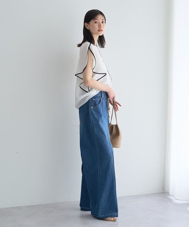 YECCA VECCA 配色ラッフルスリーブブラウス Off White