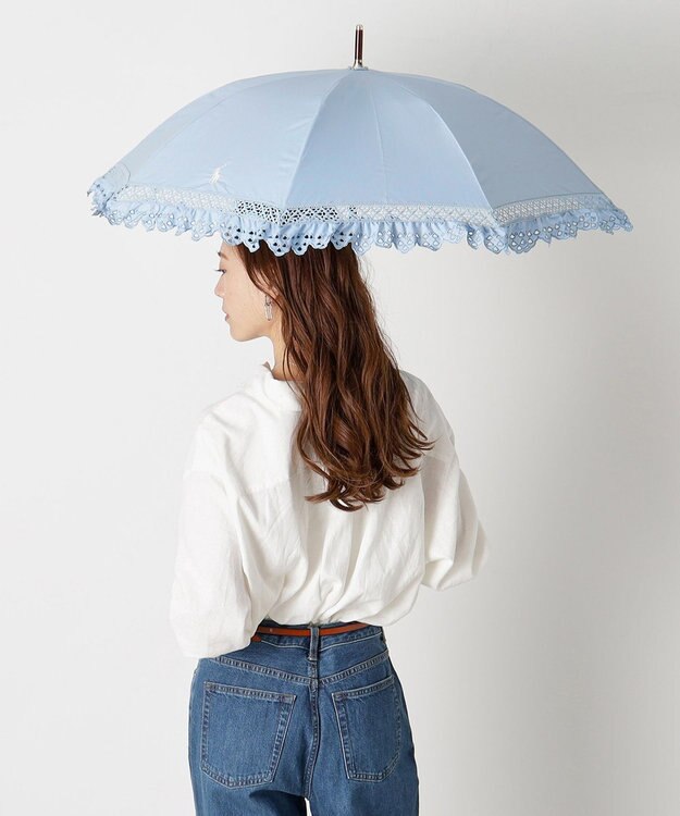 MOONBAT 【遮光/晴雨兼用日傘】POLO RALPH LAUREN(ポロ ラルフローレン) エンブフリル 長傘 遮熱 UV スカイブルー