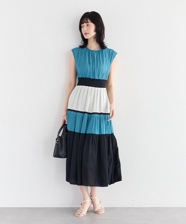 YECCA VECCA マルチカラーシャーリングワンピース Blue Green