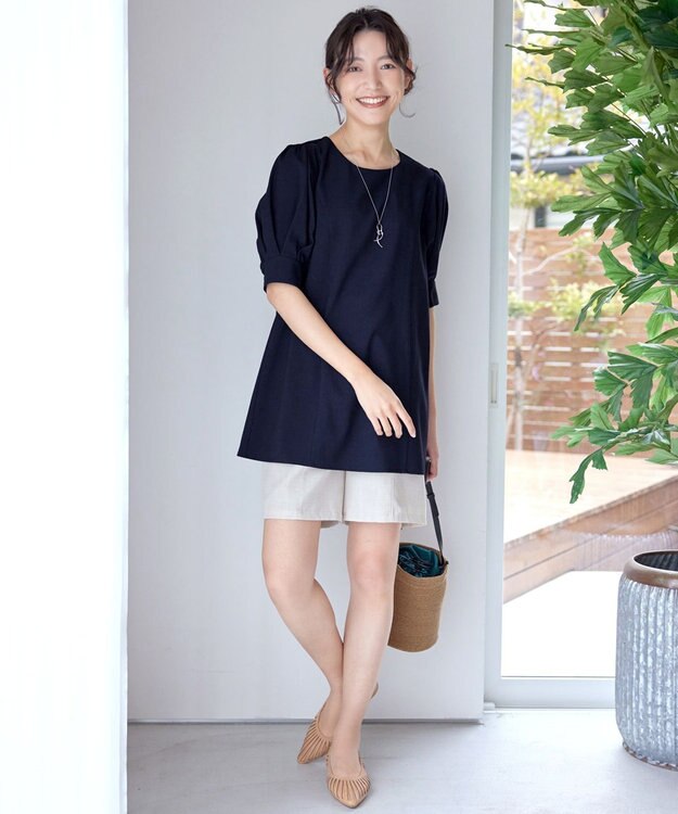 Tiaclasse 【小倉優子さん着用】【洗える】 パフスリーブチュニックブラウス ネイビー