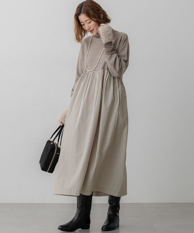 23区 L 【洗える】ギャザーコンビ ニットワンピース ベージュ系