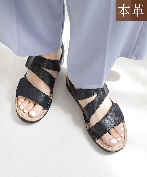 Pointer 本革 甲幅調整 マジックテープ付きサンダル ブラック