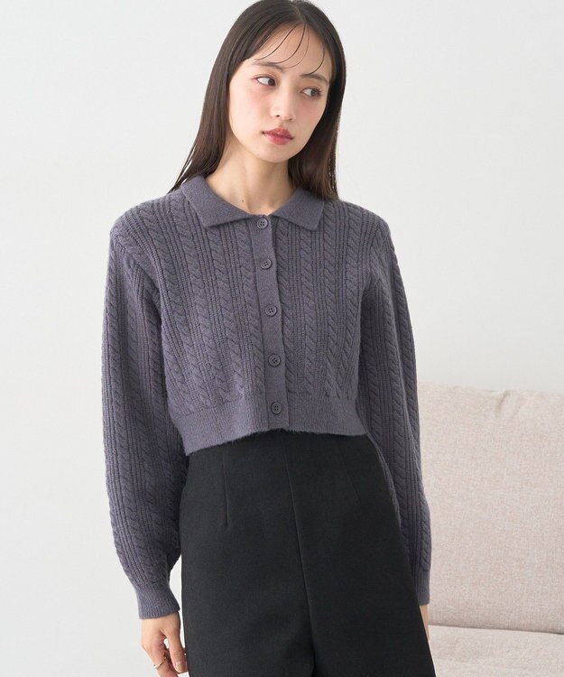 earth music&ecology 襟付きケーブルニットジャケット Charcoal Gray