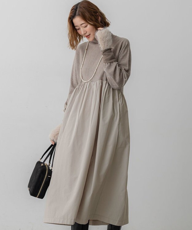 23区 L 【洗える】ギャザーコンビ ニットワンピース ベージュ系