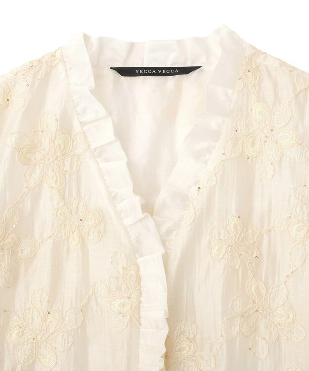 YECCA VECCA フリルVネック刺繍シアーシャツ Ivory