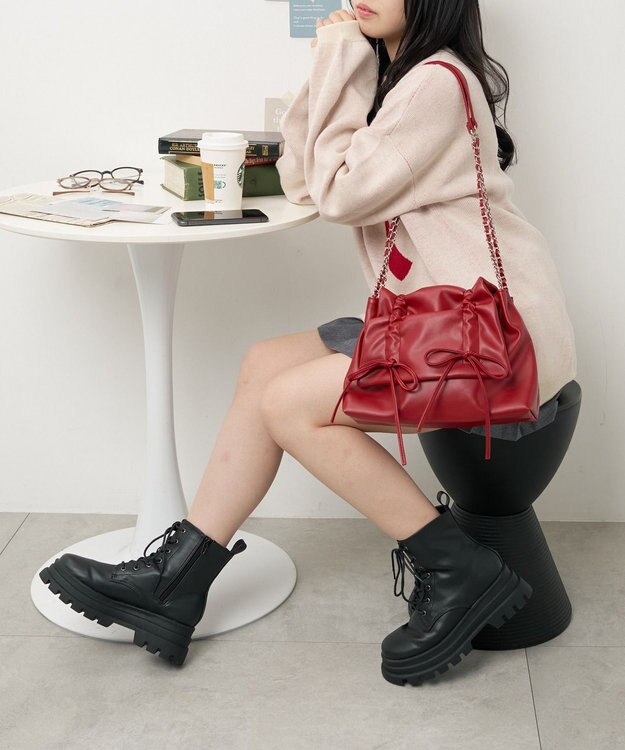 WEGO ギャザーリボンフラップバッグ レッド