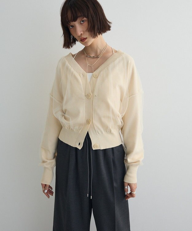 Green Parks チュールドッキングＶネックニットカーディガン Ivory