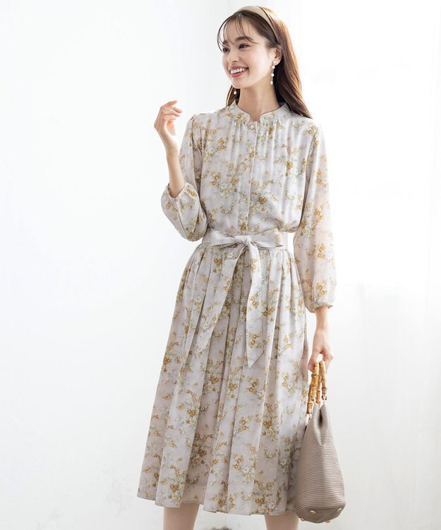 Tiaclasse 【洗える】花柄フレアワンピース グレージュ