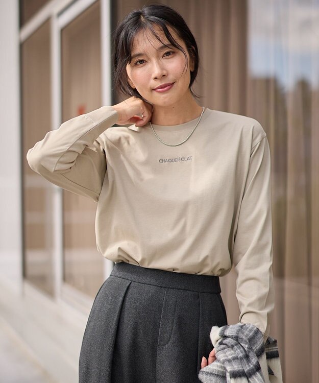 ANY L 【洗濯機可】チビロゴロングスリーブＴシャツ ベージュ