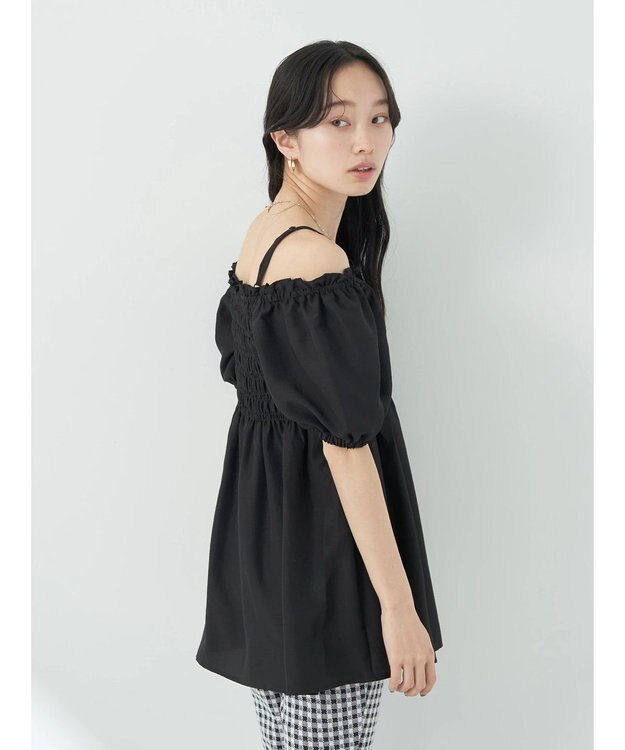 earth music&ecology ２ｗａｙショルダーシャーリングチュニック Black