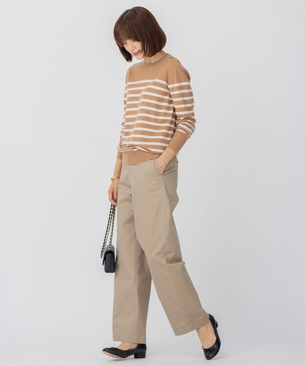 23区 L 【CLASSY.12月号掲載】セミウーステッドウール 肩ボタン ボーダー ニット キャメル×オフホワイトボーダー