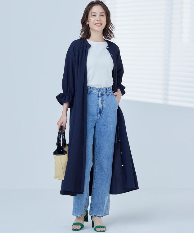 組曲 【WEB限定】クレープストレッチ シャツワンピース ネイビー系