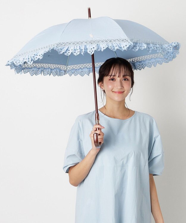 MOONBAT 【遮光/晴雨兼用日傘】POLO RALPH LAUREN(ポロ ラルフローレン) エンブフリル 長傘 遮熱 UV スカイブルー