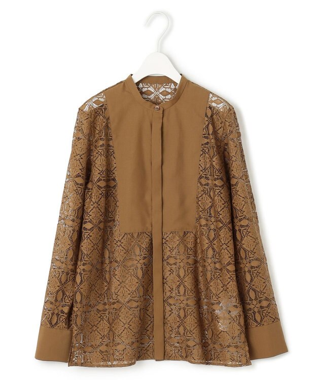 ICB 【洗える】タイルパターンレース バンドカラーシャツ キャメル系