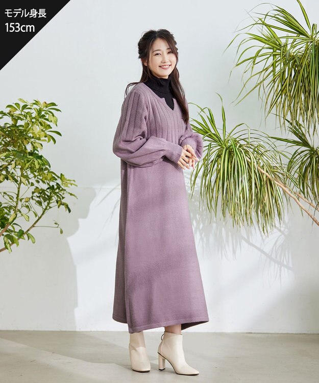 Tiaclasse L 【洗える】パフスリーブリブ編みニットワンピース ピンク