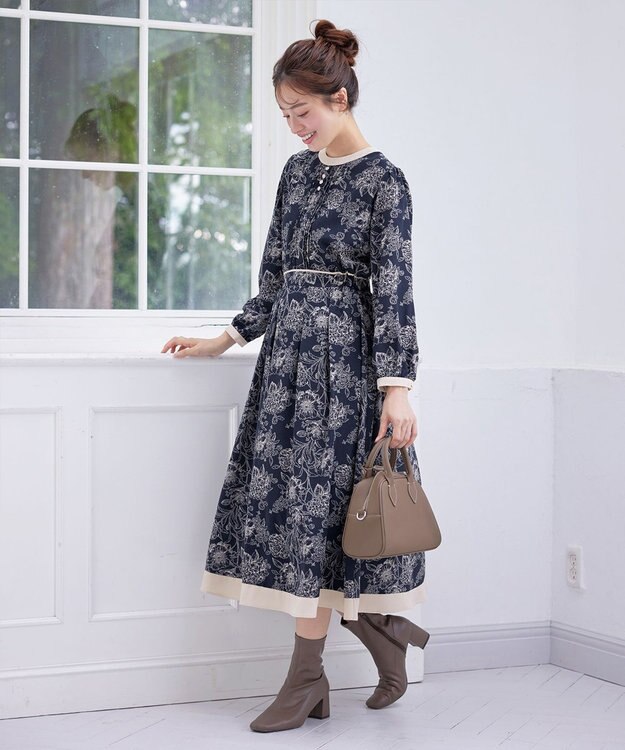 Tiaclasse L 【洗える】トワルドジュイ配色ワンピース ネイビー